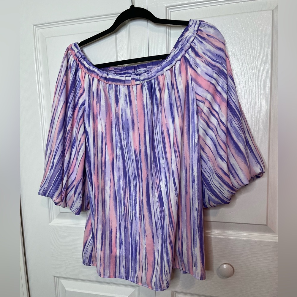 Caramela‎ Women’s Sz M Pink & Purple Stripped Off The Shoulder Blouse Mid Sleeve